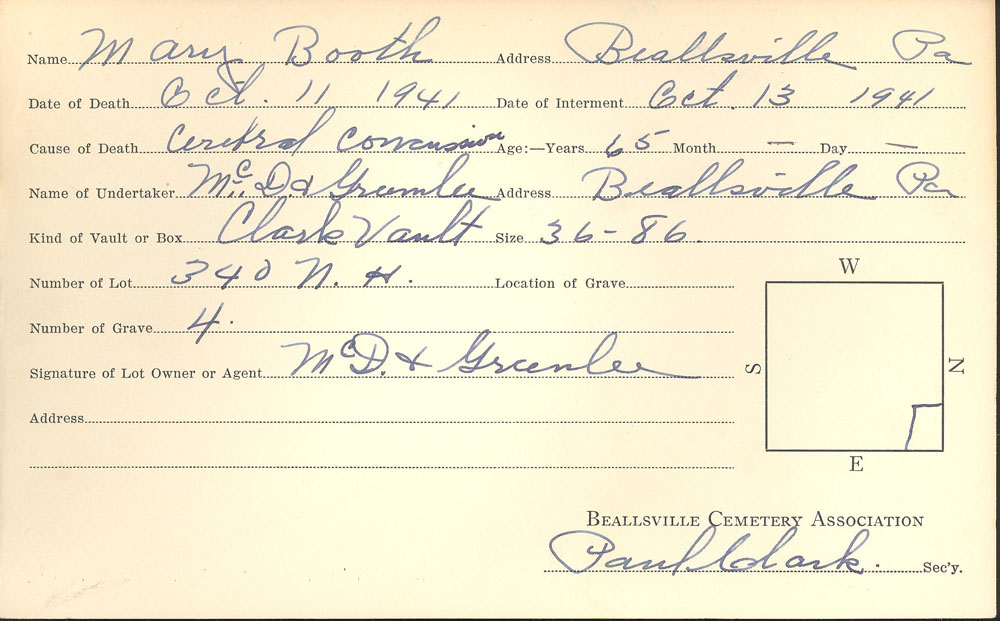 Mary E. Booth burial card